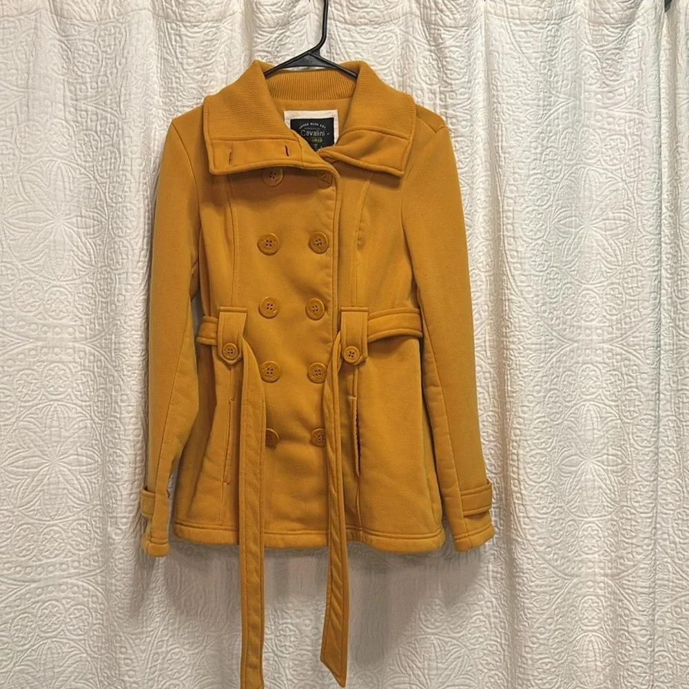 Cavalini Mustard Colored Pea Coat with Belt - Picture 3 of 10